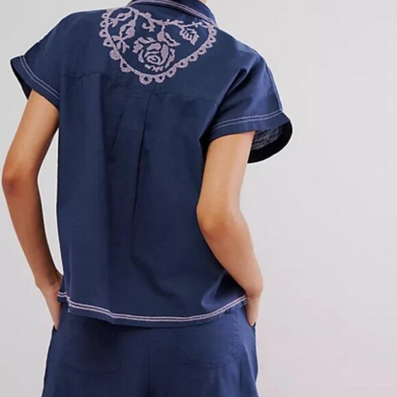 Free People Summer Love Collared Neck Embroidered Blue Top S - Picture 2 of 6